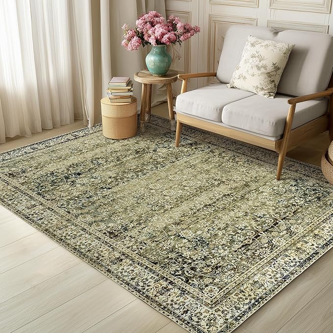 Olive Green Boho Area Rug 5 x7 for Living Room Washable Non Slip Low Pile Stain Resistant Rubber Backed Cottagecore Neutral Bedroom Nursery Rugs 5x7