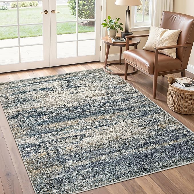 Art&Tuft Washable Rug, Anti-Slip Backing Abstract 3x5 Rug, Stain Resistant Rugs for Living Room, Foldable Machine Washable Area Rug (TPR19-Navy, 3'x5')