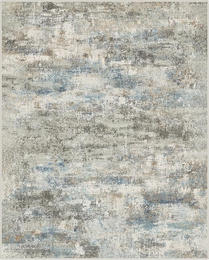 Area Rugs 8x10 for Living Room Bedroom, Modern Abstract Machine Washable Rug, Large Soft Low Pile Floor Carpet with Non Slip Backing for Dining Room, Blue/Taupe