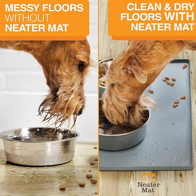 Neater Pet Brands Neater Mat Pet Mats for Food and Water, Cat & Dog Bowl Mat Waterproof Silicone, Feeding Tray, Dog Food Mats for Floors, Placemat w/Raised Edge for Under Bowls, 24" x 16", Grey
