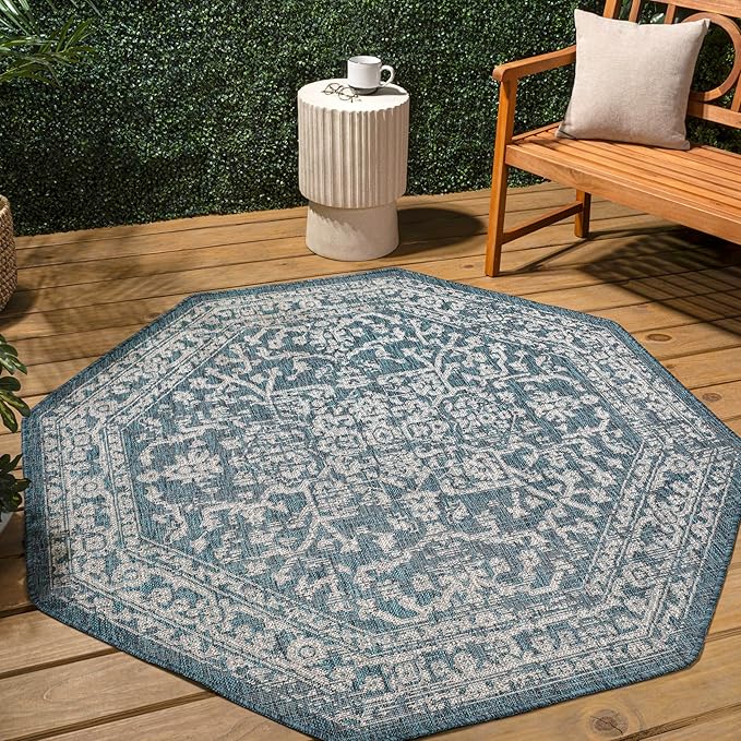 JONATHAN Y Boho Medallion Indoor Outdoor Octagon Area Rug 8 Ft Teal/Gray, Malta Textured Weave for Backyard, Patio, Porch, Easy-Cleaning, High Traffic, Pet-Friendly, Non-Shedding (SMB104B-8TGN)
