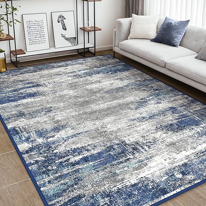 Bavni 5x7 Rug, Abstrcat Machine Washable Rug Non-Slip, Soft Mordern Lightweight Area Rug, Stain Resistant Rugs for Living Room, Bedroom, Dining Room, Blue/Ivory