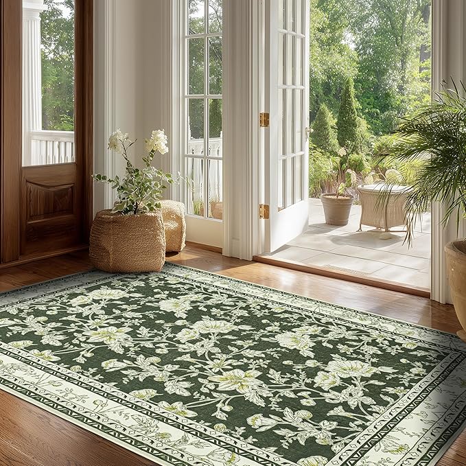 Olive Green Floral Print Area Rugs for Bedroom Living Room Boho Farmhouse Country Rustic Dining Room Carpet Soft Washable Rugs Non Slip Floor Covering for Nursery Playroom 3x5