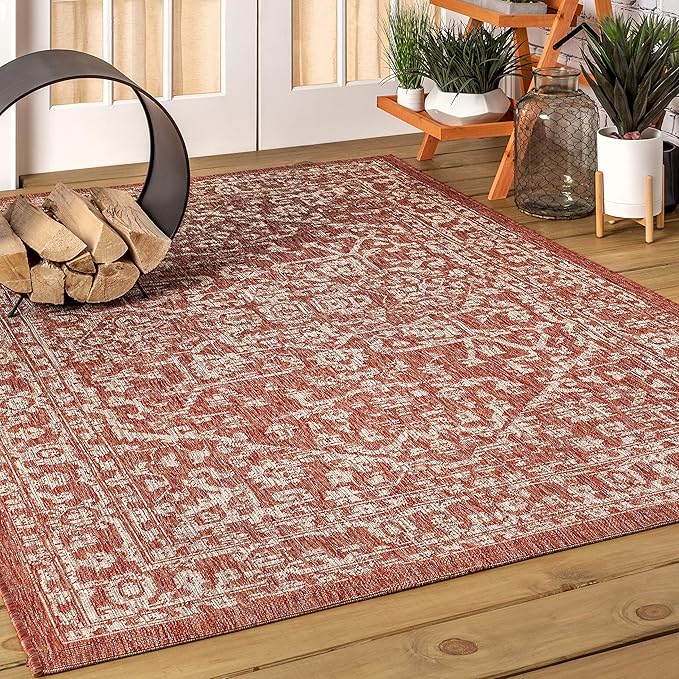 JONATHAN Y Boho Medallion Indoor Outdoor Area Rug 9X12 Red/Taupe, Malta Textured Weave for Backyard, Patio, Porch, Easy-Cleaning, High Traffic, Pet-Friendly, Non-Shedding (SMB104A-9)