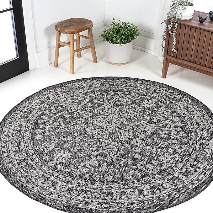 JONATHAN Y Boho Medallion Indoor Outdoor Round Area Rug 5 Ft Black/Gray, Malta Textured Weave for Backyard, Patio, Porch, Easy-Cleaning, High Traffic, Pet-Friendly, Non-Shedding (SMB104C-5R)