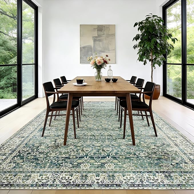 9x12 Area Rugs Dark Green Washable Rug for Living Room Big Bedroom Under Bed,Low Pile Soft Non Slip Floral Boho Vintage Extra Large Carpet for Dining Room Under Table,9 by 12,Forest Green