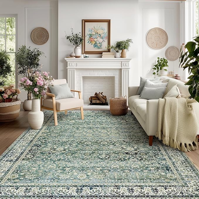 Dark Green 6x9 Area Rugs for Bedroom Low Pile Soft Moody Floral Rug with Non Slip Washable Boho Vintage Oriental Indoor Carpet for Living Room Dining Room,Hunter Forest Green