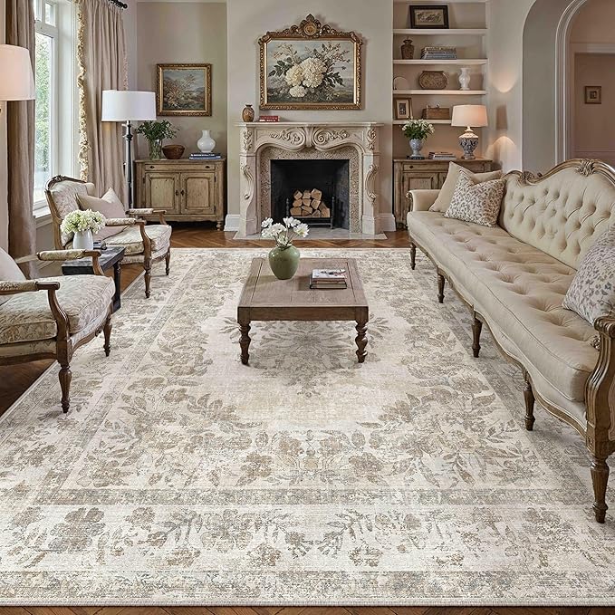 10x14 Area Rug Beige Washable Vintage Distressed Living Room Carpet Large Bedroom Indoor Medallion Floral Non Slip Retro Throw Floor Mat for Office Dining Room Kitchen Bathroom