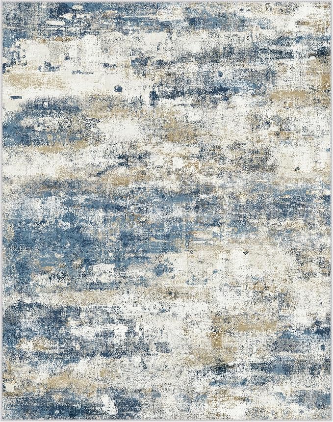 Area Rugs 6x9 for Living Room Bedroom, Modern Abstract Machine Washable Rug, Large Soft Low Pile Floor Carpet with Non Slip Backing for Dining Room, Navy Blue Beige
