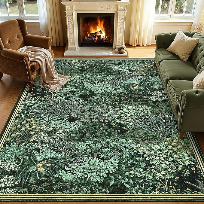 GarveeHome Forest Rugs 6x9, Dark Green Washable Area Rug for Living Room, Botanical Low Pile Non Slip Stain Resistance Woodland Area Rug for Farmhouse, Bedroom, Dining Room