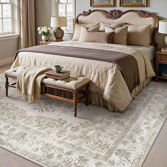 7x9 Area Rug Beige Washable Vintage Distressed Living Room Carpet Large Bedroom Indoor Medallion Floral Non Slip Retro Throw Floor Mat for Office Dining Room Kitchen Bathroom