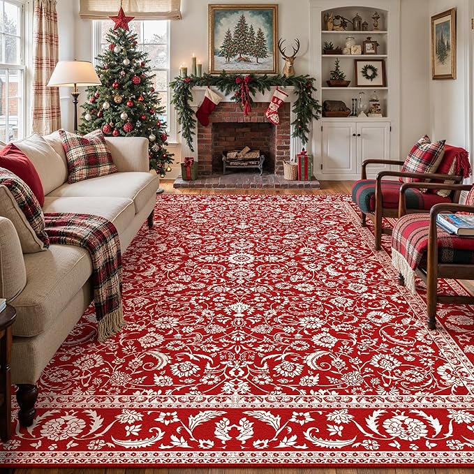 HUGEAR Christmas 8x10 Machine Washable Rugs Red Hallway Large Area Rug Indoor Accent Rug Floral Low Pile Carpet Soft Throw Aesthetic Rug Bedroom Living Room Office Dining Room Kitchen Laundry Room
