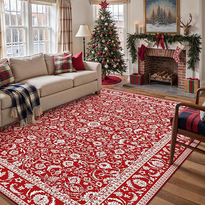 HUGEAR Christmas 8x10 Machine Washable Rugs Red Hallway Large Area Rug Indoor Accent Rug Floral Low Pile Carpet Soft Throw Aesthetic Rug Bedroom Living Room Office Dining Room Kitchen Laundry Room