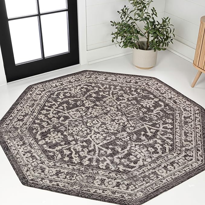 JONATHAN Y Boho Medallion Indoor Outdoor Octagon Area Rug 8 Ft Black/Gray, Malta Textured Weave for Backyard, Patio, Porch, Easy-Cleaning, High Traffic, Pet-Friendly, Non-Shedding (SMB104C-8TGN)