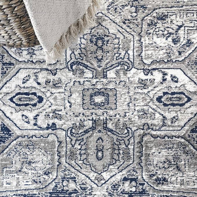 JONATHAN Y Modern Vintage Medallion Light Gray/Navy 6' Round Indoor Area Rug, Country, Floral, Easy-Cleaning for Living Room, Bedroom, Kitchen, Pet Friendly, Non-Shedding (MDP106B-6R)