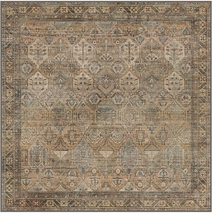 Bavni Washable Rug 6x6 Area Rug for Living Room Bedroom Dining, Washable Vintage Print Carpet, Ultra-Thin Chenille Low Pile Lightweight Rug with Non Slip Backing, Warm Taupe