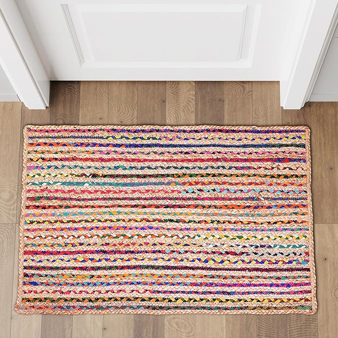 Hausattire Bohemian Braided Rug 2'x3' - Multi Color, Small Farmhouse Jute Cotton Area Rag Rugs for Entryway, Kids Playroom, Front Door | Colorful Hand Woven Reversible Accent Mat - 24x36 Inch