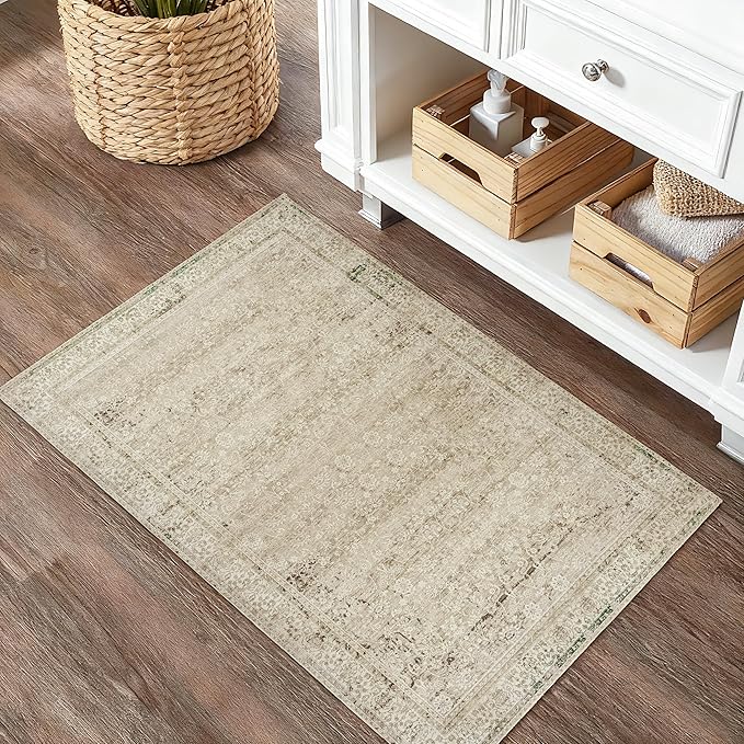 Boho Kitchen Rug Washable,2x3 Non Slip Farmhouse Neutral Small Area Rug for Bathroom Bedroom Indoor Entrway Ultra Thin Fit Under Door,Tan Brown and Cream Beige
