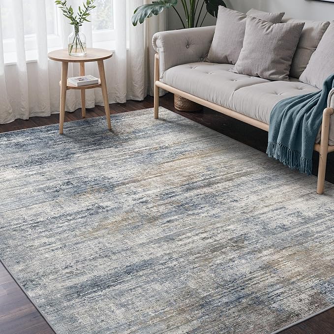 Area Rugs 5x7 for Living Room Bedroom, Modern Abstract Machine Washable Rug, Large Soft Low Pile Floor Carpet with Non Slip Backing for Dining Room, Denim Blue/Taupe