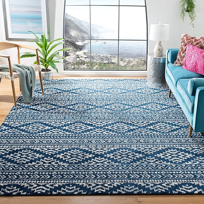 SAFAVIEH Tulum Collection Area Rug - 5' Square, Navy & Ivory, Moroccan Boho Tribal Design, Non-Shedding & Easy to Clean, Ideal for Living Room, Bedroom, Dining Space (TUL272N)