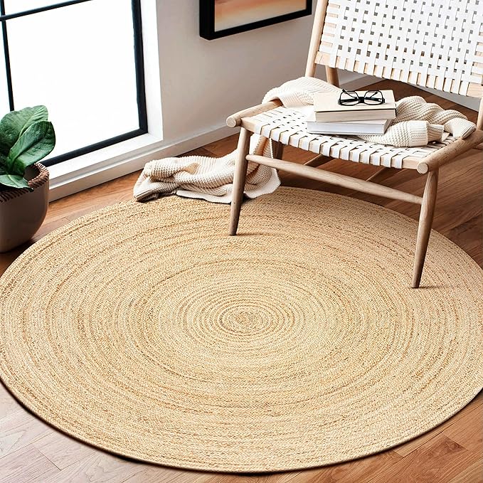 Hausattire Hand Woven Jute Braided Rug, 5??Round ??Natural, Reversible Boho Entry Area Rugs for Kitchen, Living Room I Farmhouse Decorative Floor Rug, 5 Feet Round