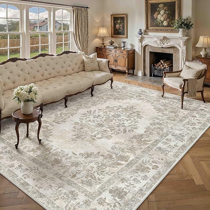 10x14 Area Rug Beige Washable Vintage Distressed Living Room Carpet Large Bedroom Indoor Medallion Floral Non Slip Retro Throw Floor Mat for Office Dining Room Kitchen Bathroom