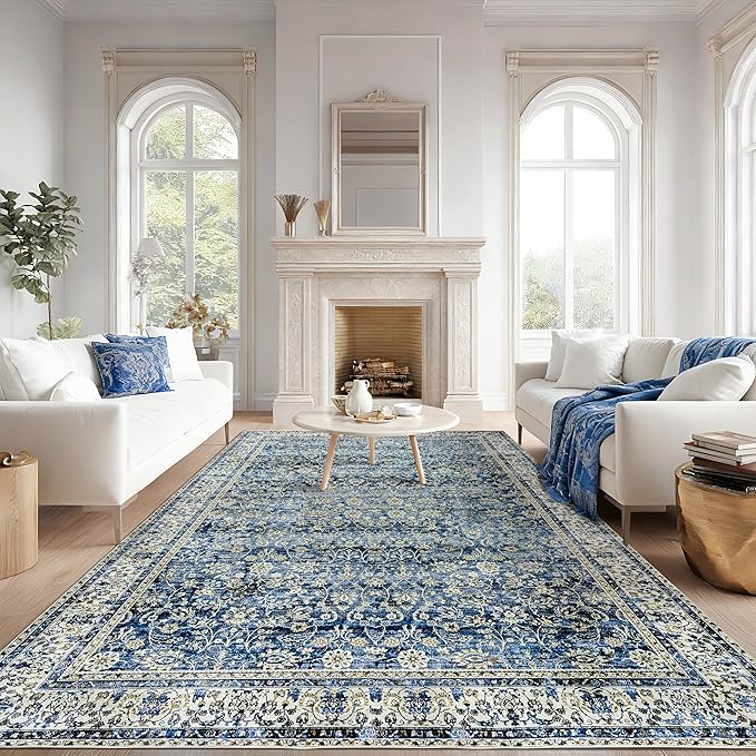 Blue Area Rug for Living Room 8x10 Washable Vintage Farmhouse Big Large Boho Distressed Carpet Rugs for Bedroom,Light Blue and Cream Polyester Rayon Cotton Blend