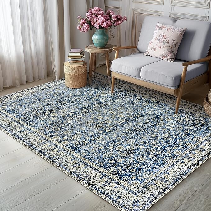 Blue Area Rugs 5x7 Vintage Boho Flower Distressed Low Pile Rug with Rubber Backing Dark Blue Non Slip Stain Resistant 5x7 Washable Rug for Living Room Bedroom Dining Room Carpet for Under Table