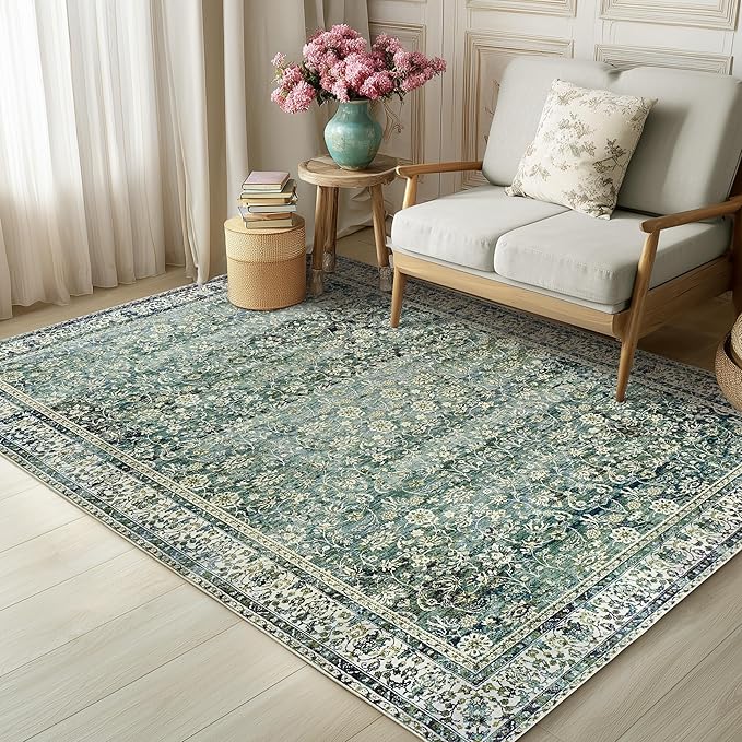 Dark Green 5x8 Rug for Bedroom Neutral Boho Vintage Floral Rugs with Non Slip Washable Soft Green Low Pile Area Rugs for Living Room Home Office Dining Room 5 x 8