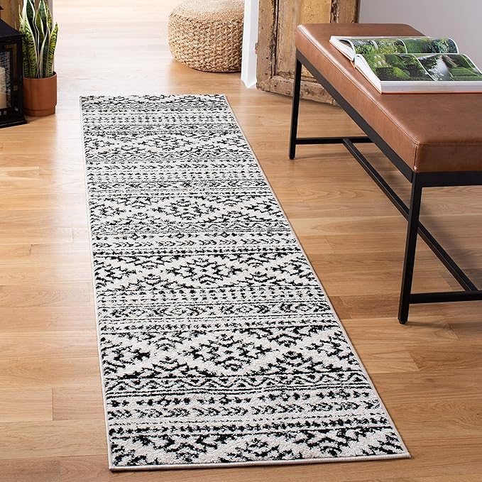 SAFAVIEH Tulum Collection Runner Rug - 2' x 11', Ivory & Black, Moroccan Boho Tribal Design, Non-Shedding & Easy to Clean, Ideal for Living Room, Hallway, Foyer, Entryway, Bedroom (TUL272B)