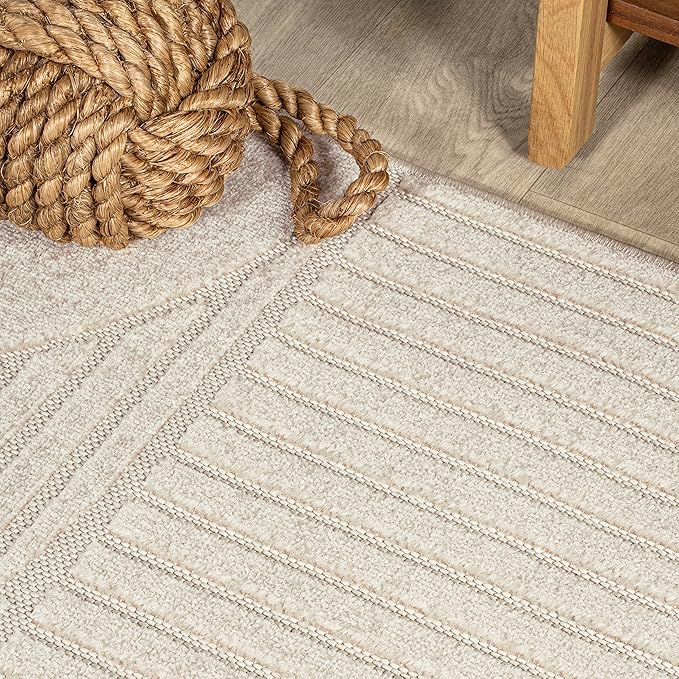 JONATHAN Y Nordby High-Low Arch Striped Ivory/Cream 9x9 Square Indoor/Outdoor Area Rug, Pet Friendly, Non-Shedding, Stain Resistant, Easy-Cleaning for Backyard, Patio (SCN104B-9SQ)