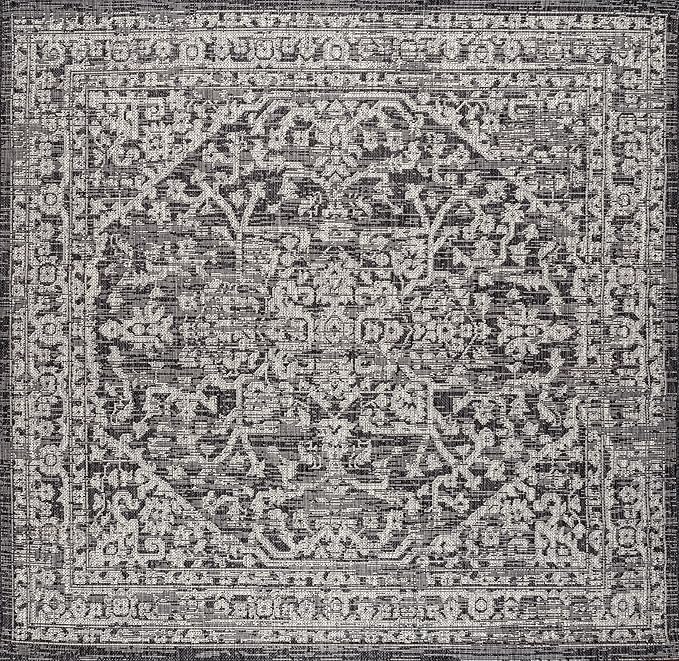 JONATHAN Y Boho Medallion Indoor Outdoor Square Area Rug 4X4 Black/Gray, Malta Textured Weave for Backyard, Patio, Porch, Easy-Cleaning, High Traffic, Pet-Friendly, Non-Shedding (SMB104C-4SQ)