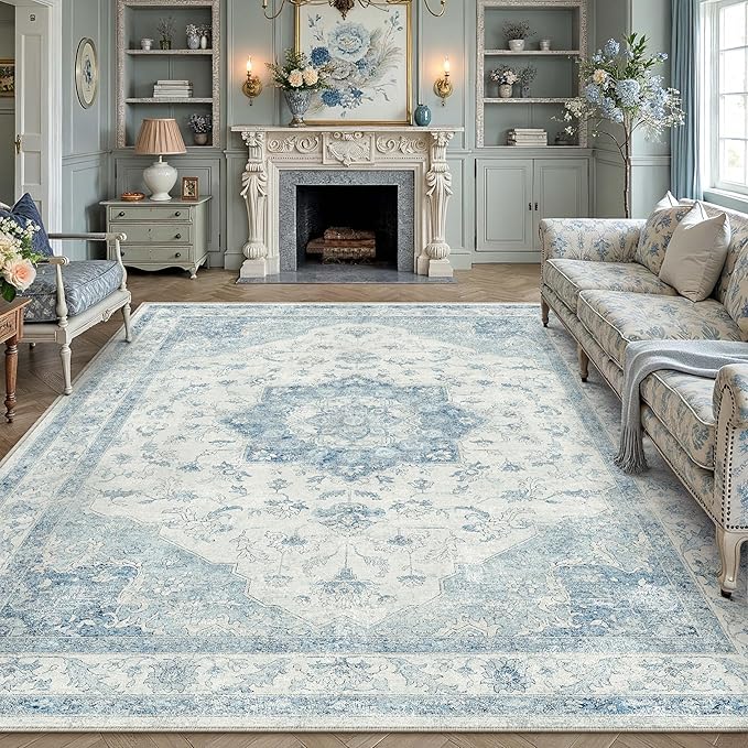 Blue Area Rug 8x10 Washable Vintage Carpet for Living Room Bedroom Large Soft Retro Low Pile Thin Indoor Rug Non Slip Oriental Medallion Floor Cover for Dining Room Office