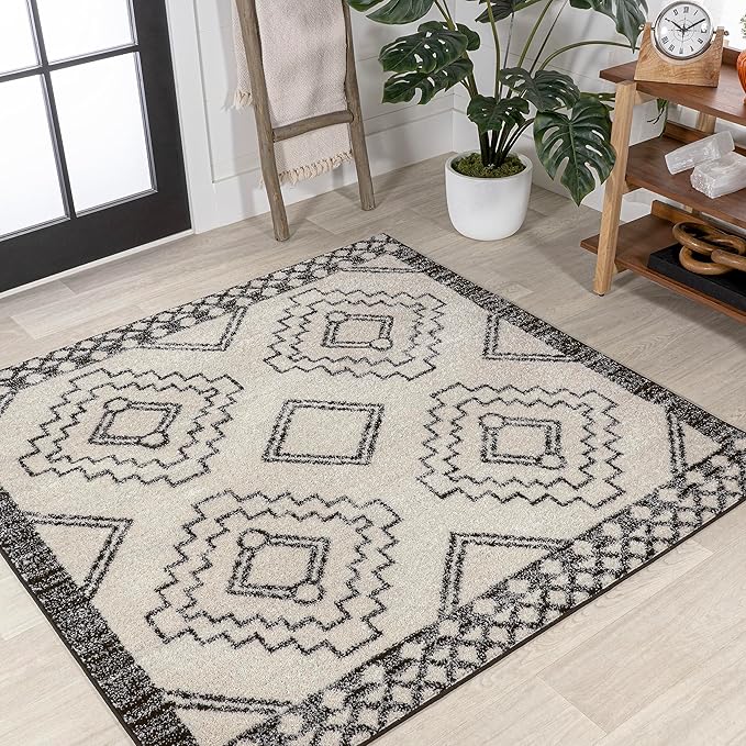 JONATHAN Y Amir Moroccan Beni Souk Cream/Black 8x8 Square Indoor Area Rug, Bohemian, Scandinavian, Easy-Cleaning for Living Room, Bedroom, Kitchen, Pet Friendly, Non-Shedding (MOH200A-8SQ)