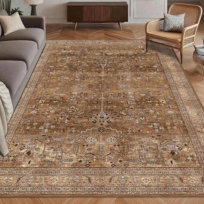 Washable Area Rug 4' x 6' Vintage Traditional Persian Mat - Foldable Distressed Non-Slip Machine Washable Carpet for Living Room Bedroom Kitchen Home Decor - Bronze and Ivory