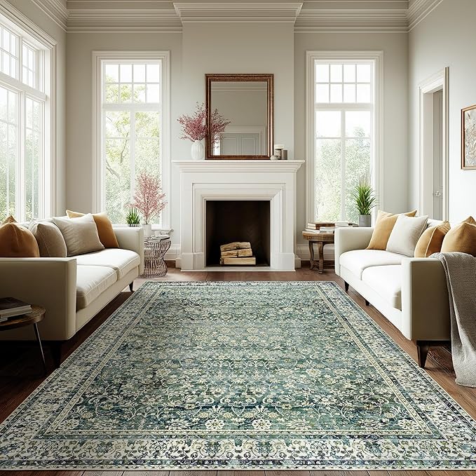 Dark Green Area Rugs 8x10 for Living Room Washable Non Slip Low Pile Emerald Green Rug Boho Vintage Floral Distressed Indoor Large Carpet for Bedroom Under Bed Dining Room Under Table 8 x 10