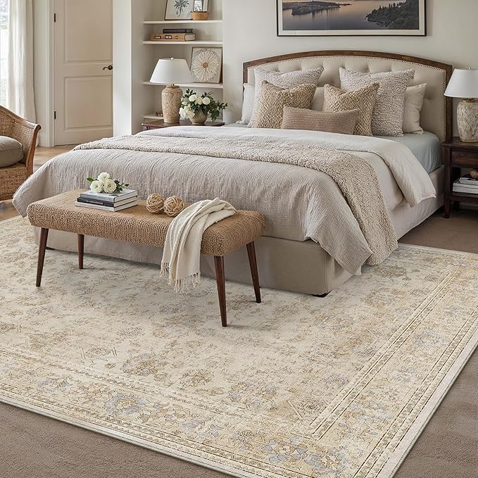 HUGEAR 6x9 Area Rug Beige Vintage Machine Washable Living Room Retro Rugs Distressed Floral Vacuumable Low Pile Carpet Bedroom Office Dining Room Laundry Room Non Slip Soft Lightweight