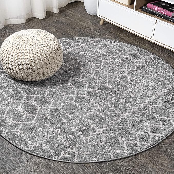 JONATHAN Y Boho Vintage Diamond Gray/Ivory Round Area Rug 8 ft, Moroccan Hype for Living Room, Bedroom, Kitchen, Office, Easy-Cleaning, High Traffic, Pet-Friendly, Non-Shedding (MOH101C-8R)