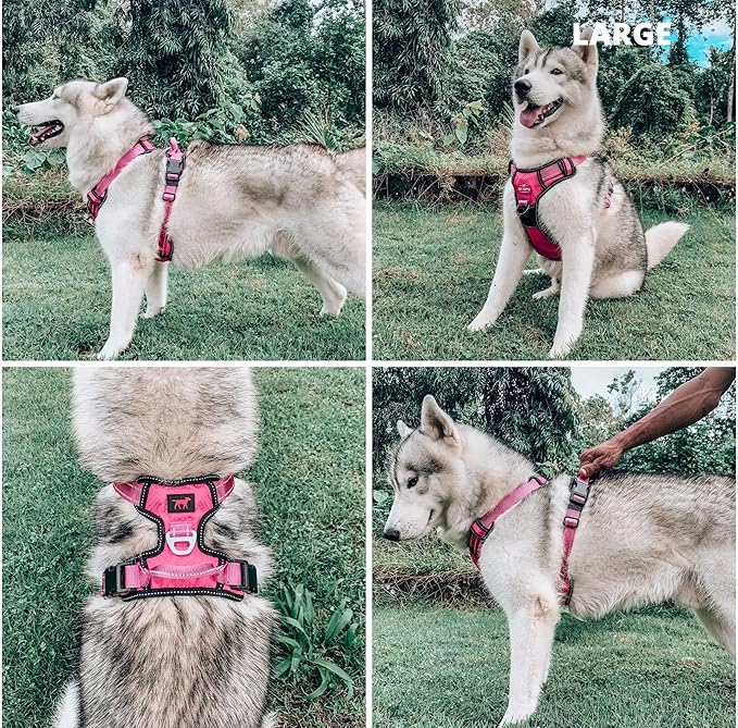 Tuff Pupper No Pull Easy Walk Dog Harness | Heavy Duty Pet Vest | Front & Back Leash Clips | Strong Safety Handle | Reflective Anti Pull Vest | Comfortable Padded Escape Proof Harness (Large, Pink)