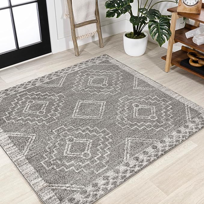 JONATHAN Y Amir Moroccan Beni Souk Gray/Cream 9x9 Square Indoor Area Rug, Bohemian, Scandinavian, Easy-Cleaning for Living Room, Bedroom, Kitchen, Pet Friendly, Non-Shedding (MOH200C-9SQ)