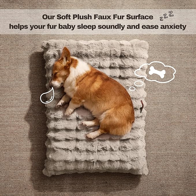WDCOZY Fluffy Dog Crate Beds for Large Dog, Plush Faux Fur Kennel Pad with Removal Washable Cover, Soft Pet Mat for Sleeping & Ease Anxiety, Anti-Slip Bottom for Pet Up to 90 lbs, 41"x27", Beige