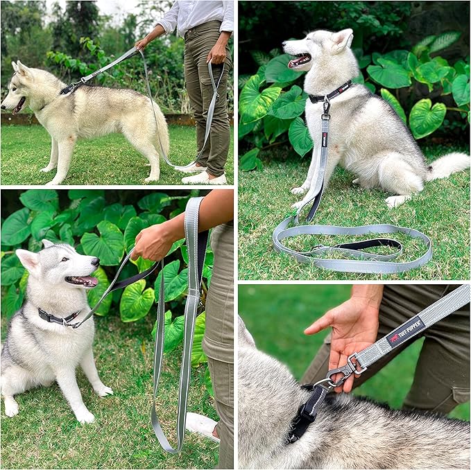 Tuff Pupper Heavy Duty Double Handle Leash | Twist Locking Carabiner Clip | Safety Lock for Strong Dogs | Reflective for Safe Night Walks | 6 Foot Leash | For Medium & Large Dogs