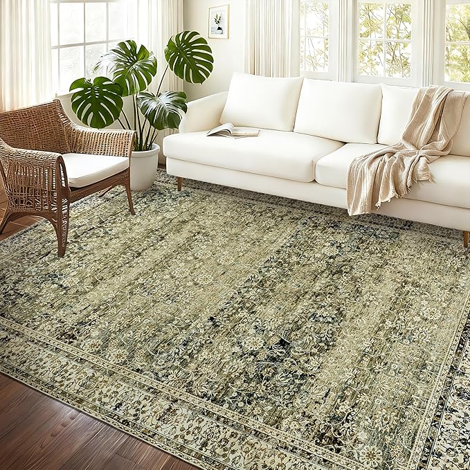 Washable 6x9 Area Rugs for Bedroom Aesthetic,Cozy Soft Neutral Distressed Floral Dark Olive Green Decor Vintage Boho Rug for Living Room Bed Room Dining Room