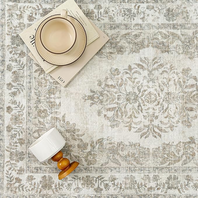 2'6"x14' Runner Rug Beige Washable Hallway Kitchen Bedroom Vintage Distressed Bathroom Non Slip Medallion Floral Carpet Indoor Retro Throw Floor Mat for Office Dining Laundry Living Room