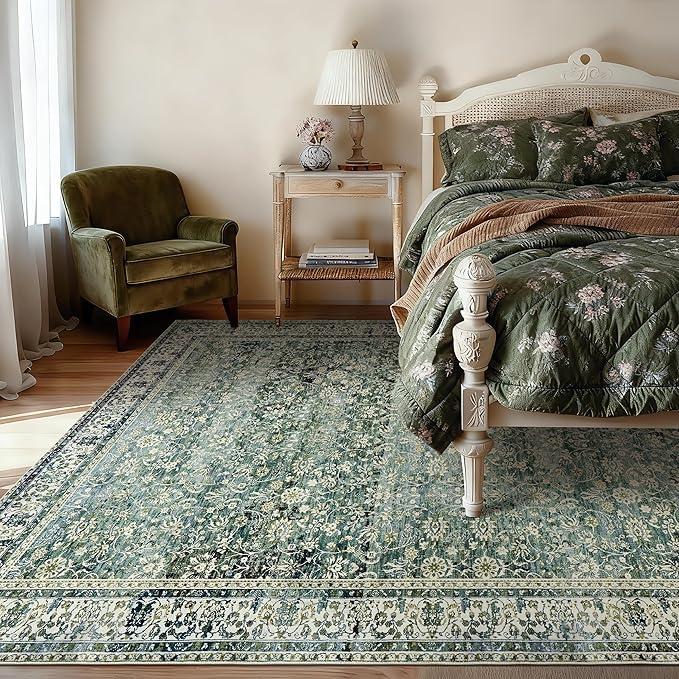 9x12 Area Rugs Dark Green Washable Rug for Living Room Big Bedroom Under Bed,Low Pile Soft Non Slip Floral Boho Vintage Extra Large Carpet for Dining Room Under Table,9 by 12,Forest Green