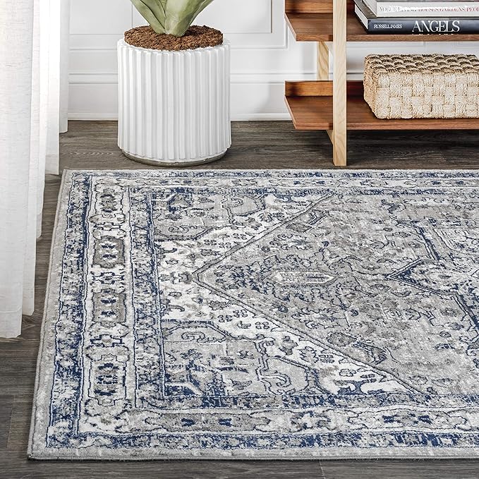 JONATHAN Y Modern Vintage Medallion Light Gray/Navy Indoor Area Rug, 8x10, Country, Floral, Easy-Cleaning for Living Room, Bedroom, Kitchen, Pet Friendly, Non-Shedding (MDP106B-8)