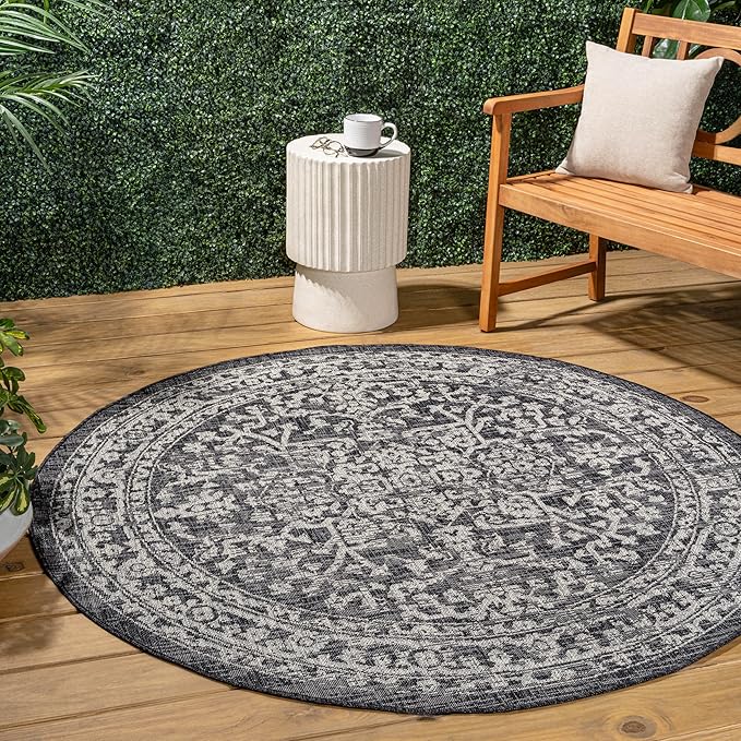 JONATHAN Y Boho Medallion Indoor Outdoor Round Area Rug 8 Ft Black/Gray, Malta Textured Weave for Backyard, Patio, Porch, Easy-Cleaning, High Traffic, Pet-Friendly, Non-Shedding (SMB104C-8R)