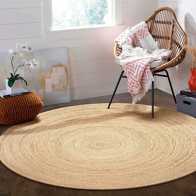 Hausattire Hand Woven Jute Braided Rug, 5??Round ??Natural, Reversible Boho Entry Area Rugs for Kitchen, Living Room I Farmhouse Decorative Floor Rug, 5 Feet Round