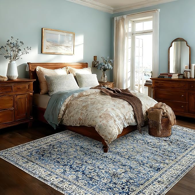 Large Area Rug for Living Room Vintage Blue Non Slip Washable Rugs 9x12 Neutral Boho Distressed Design Low Pile Stain Resistant Carpet for Bedroom Dining Room Office 9 x 12,Blue