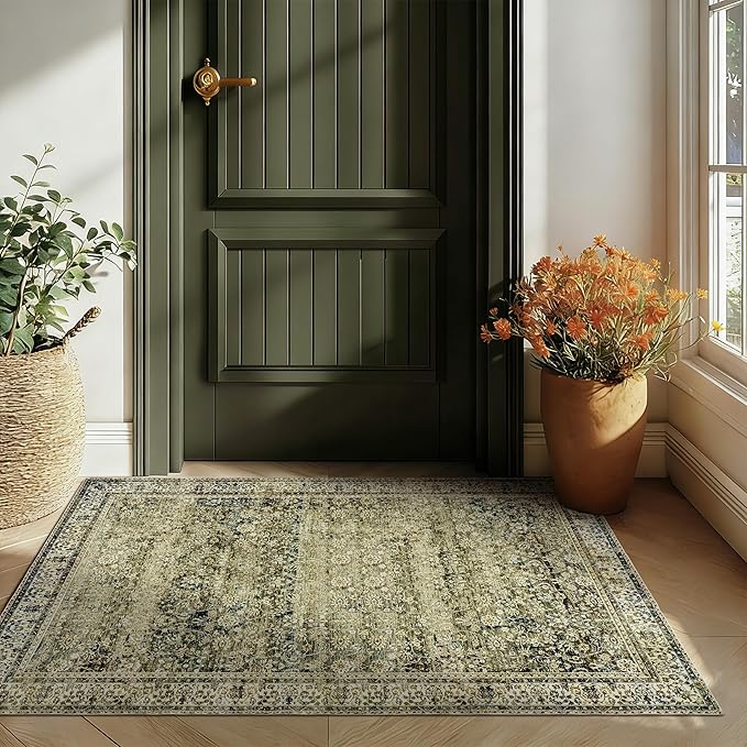 Throw Rugs 2x3,Non Slip Washable Vintage Floral Boho Accent Soft Thin Small Area Rug for Sink Area Bathroom Bedroom 24 x 36,Olive Green and Beige